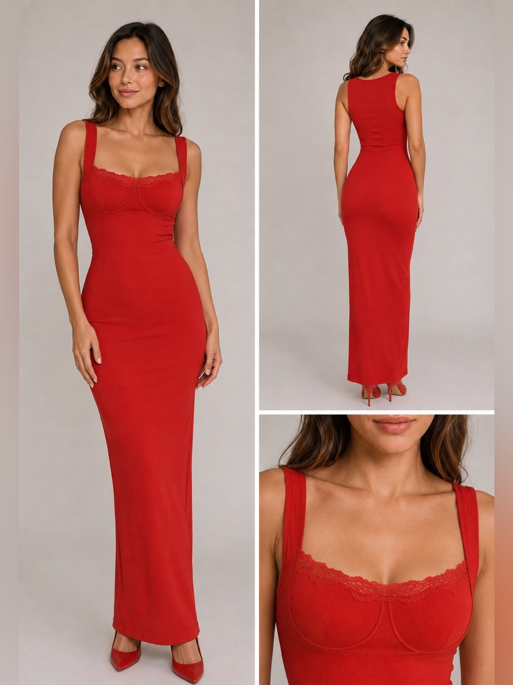 SKIMS Soft Lounge Lace Long Dress With Bralette | Cherry | Size L